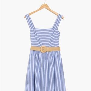 Eliza J Blue and White Striped Dress with Tan Belt